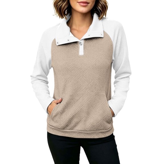Cmfcve Plus Size Button V Neck Pullover Sweatshirts for Women Fashion Color Block Loose Fit Casual Long Sleeve Fall Shirts
