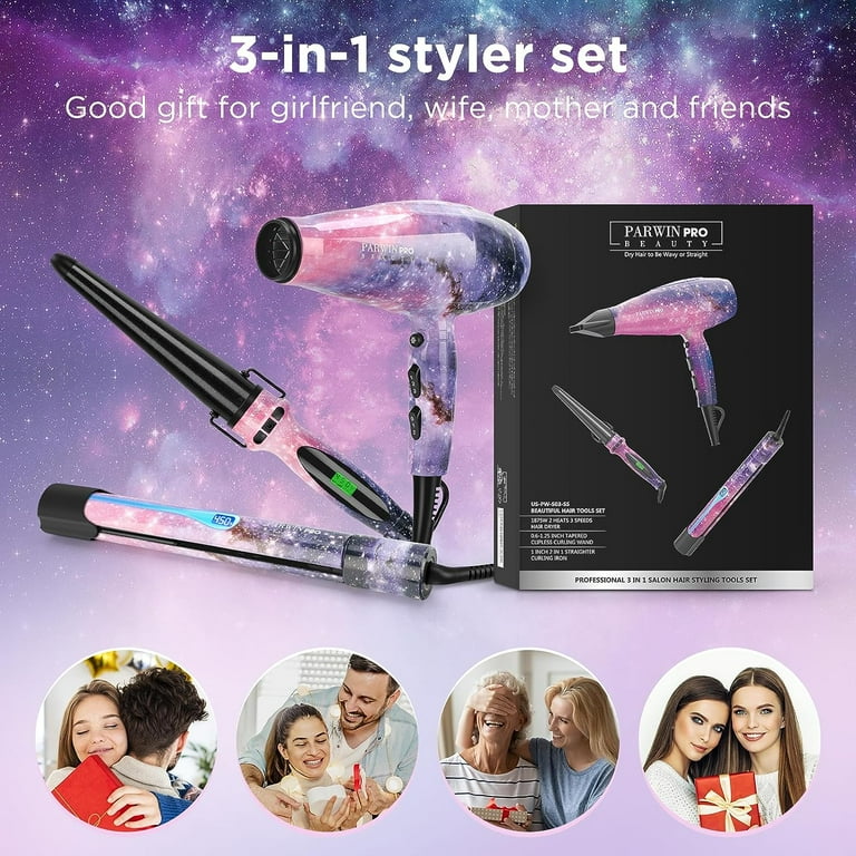 PARWIN Pro Beauty Titanium Hair Dryer Straightener Cone Curling Iron Combo 1875W Power Starry Color Upgraded Model Perfect Gift Styling Set