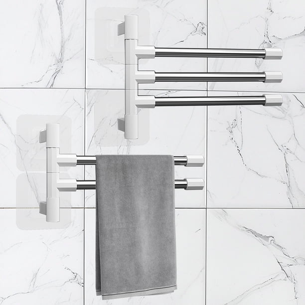 Toallero giratorio - Sin taladro Barra de toallas giratoria de 180° con ganchos y estantería, organizador de almacenamiento de baño de acero inoxidable, blanco (12,4x4,6 pulgadas)