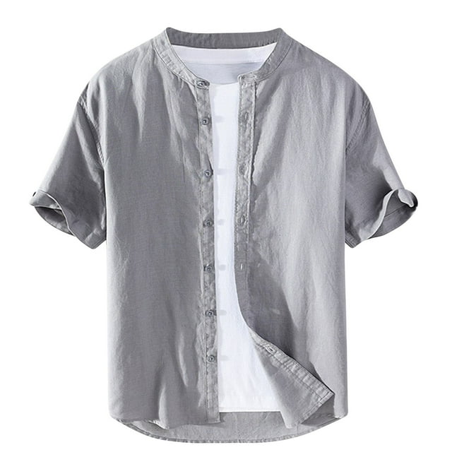 pstuiky Mangas cortas para hombre, Camisa de verano para hombre, de manga corta, con cuello alto y botones ropa de hombre m