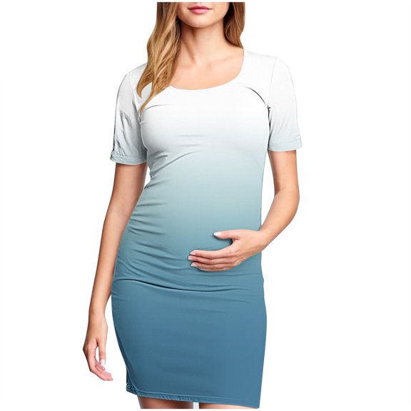Kilaqueen Maternity Dress for Photoshoot Short-Sleeve Crew Neck Gradient Pleated Pregnancy Dresses Casual Comfy Maternity Dress