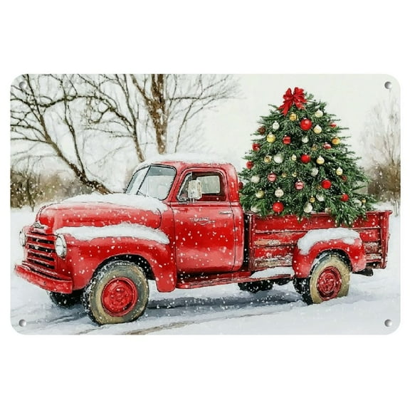 1pc Iron Christmas Tree-Loaded Vintage Red Truck Metal Wall Art Sign, Waterproof, Pre-Drilled, HD Printing, with Home & Bar Decorative Plaque for Home & Bar Decor