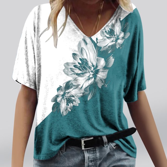 ICHUANYI Clearance Women's Fashion Printing Casual V-neck Short Sleeve Loose T-shirt Tops(Green, XL) ICHUANYI WER2023081117883