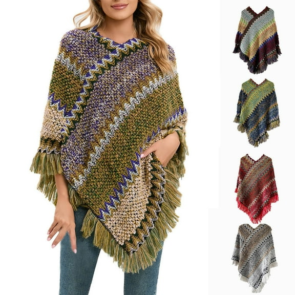 National Style Print Poncho with Fringe Detail Knitted Wrap and Cape in Colorful Block Design