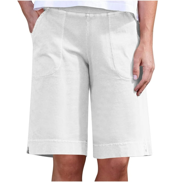 Shorts en Lin pour Femmes Bermuda Décontracté Shorts Longs Taille Haute Shorts d'Été avec Poches