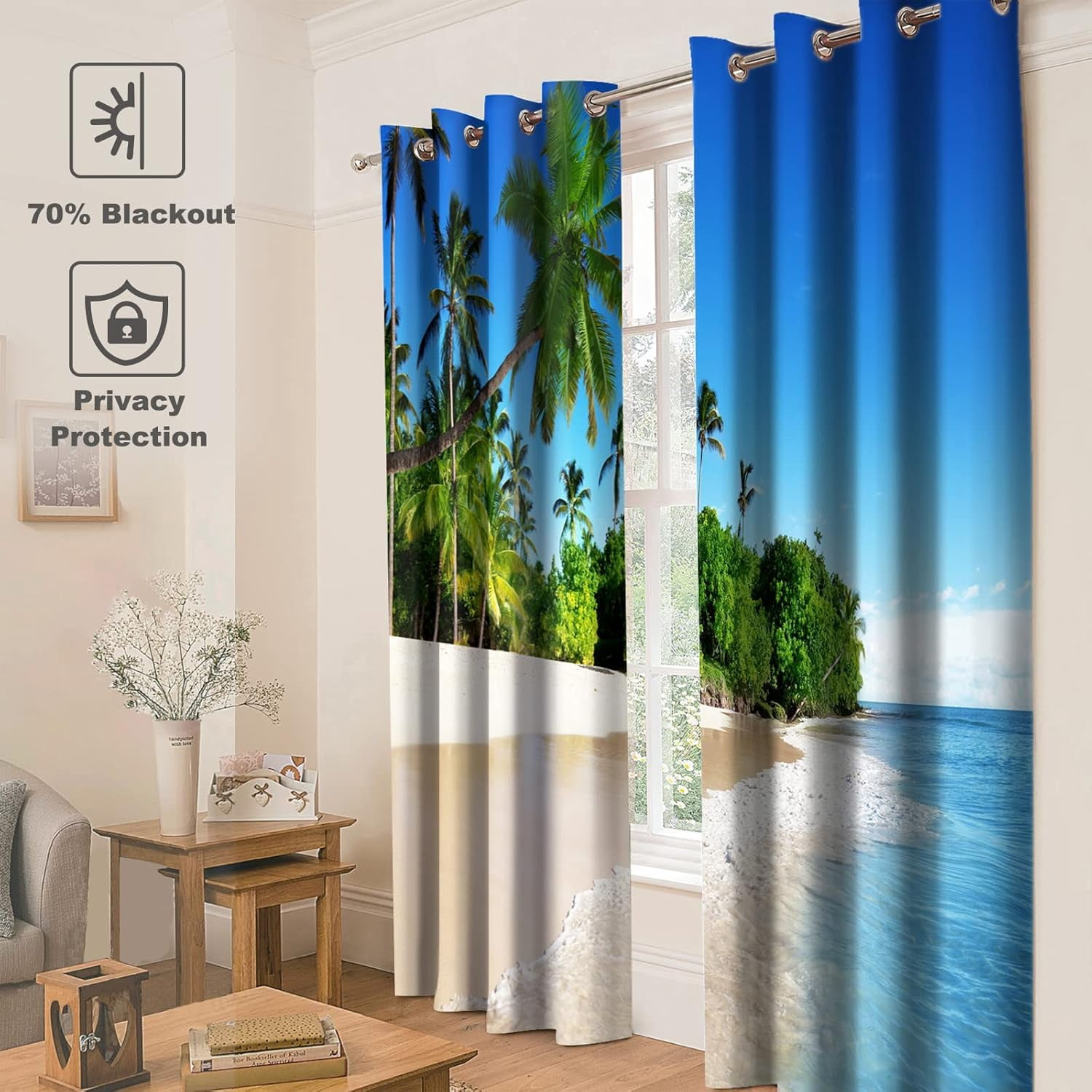 Ocean Beach Palm Tree Blackout Curtains Tropical Blue Ocean Sky Sunny Seaside Scene Beach Decor for Bedroom Living Room Grommet Window Drapes 2 Panel Set, 52"x84"
