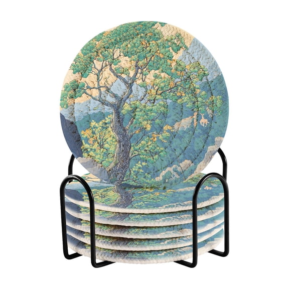 Yayeee 6 PCS Drink Coasters with Holder Set Woven Absorbent Round Tabletop Hot Pad, Beige Tree