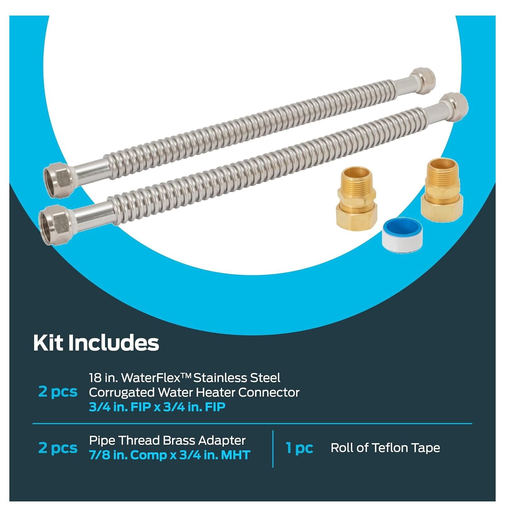 Electric Water Heater Installation Kit - 3/4" x 18" Stainless Steel Connectors - EZ-FLO 48281