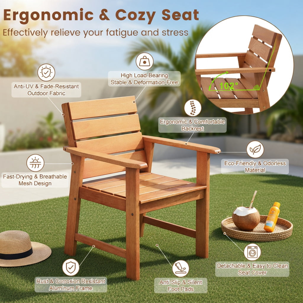 Hommoo 2-Pack Hardwood Outdoor Patio Chairs with Ergonomic 102° Slatted Backrest, Breathable, Sturdy & Easy Assembly, Natural