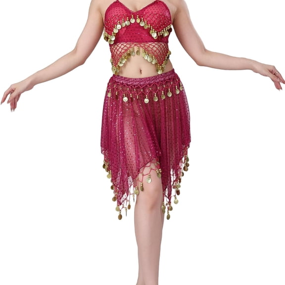 Womens Sheer Mesh Mini Skirts Bell Dance Handkerchief Hem Sequin See-Through Skirts Sparkly Gold Coins Hot Pink, Free Size