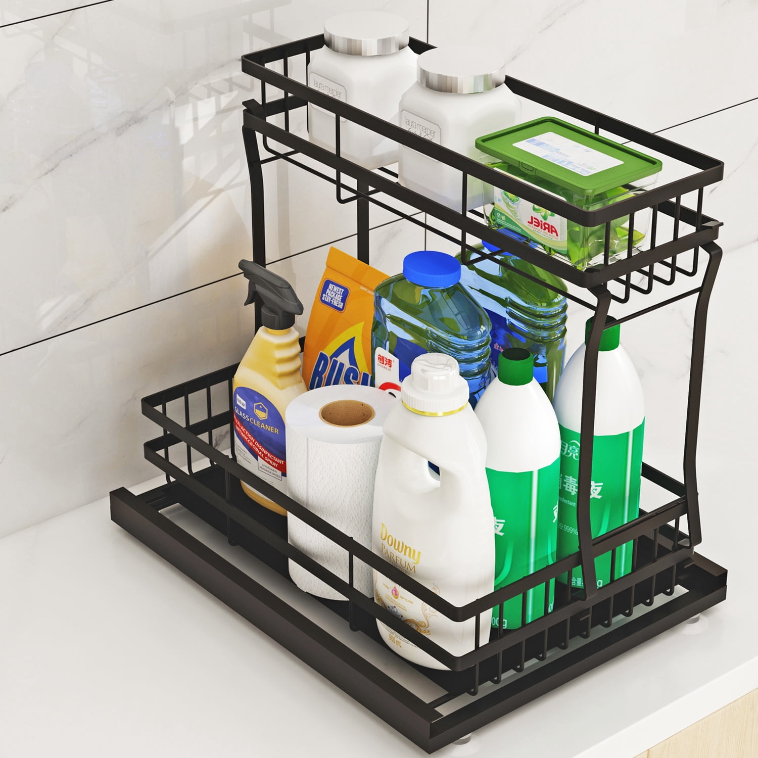LENLN 2-Tier Under Sink Organizer, Sliding Pull-Out Storage Rack for Kitchen Plumbing, Kitchen Under Sink Storage for Narrow Space Easy Access Sliding Storage Drawer