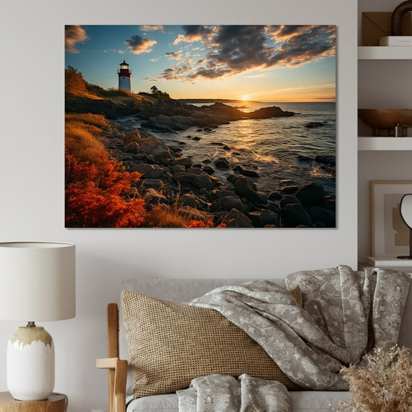 Designart Rhode Island Wall Art, Rhode Island Lighthouse horizon , Rhode Island Wall art decor, Orange Modern Canvas wall art, 40x30 inches
