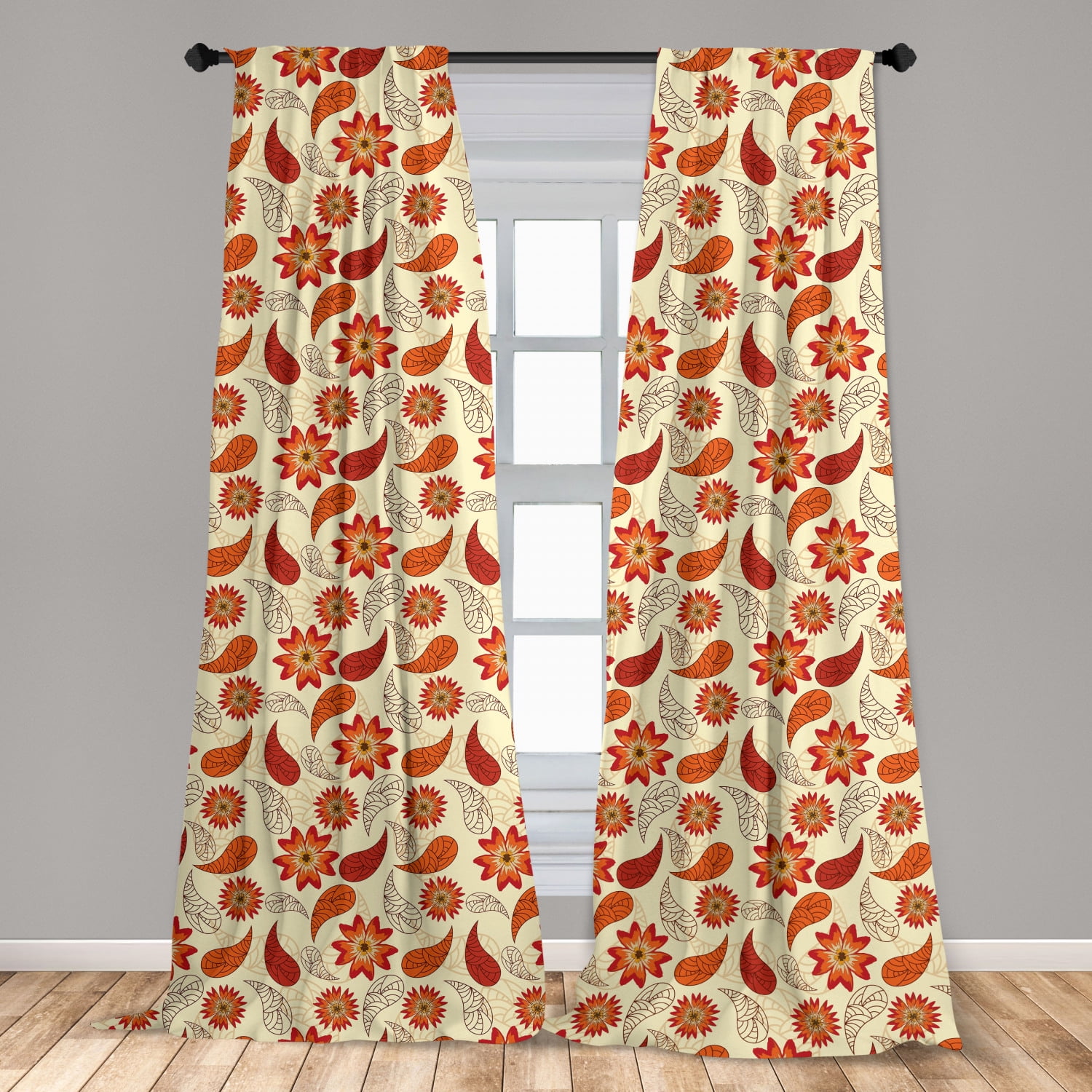 Red Poppy Flower on Black Window Curtain Drapes Short Kitchen Curtains 2 Panels 
