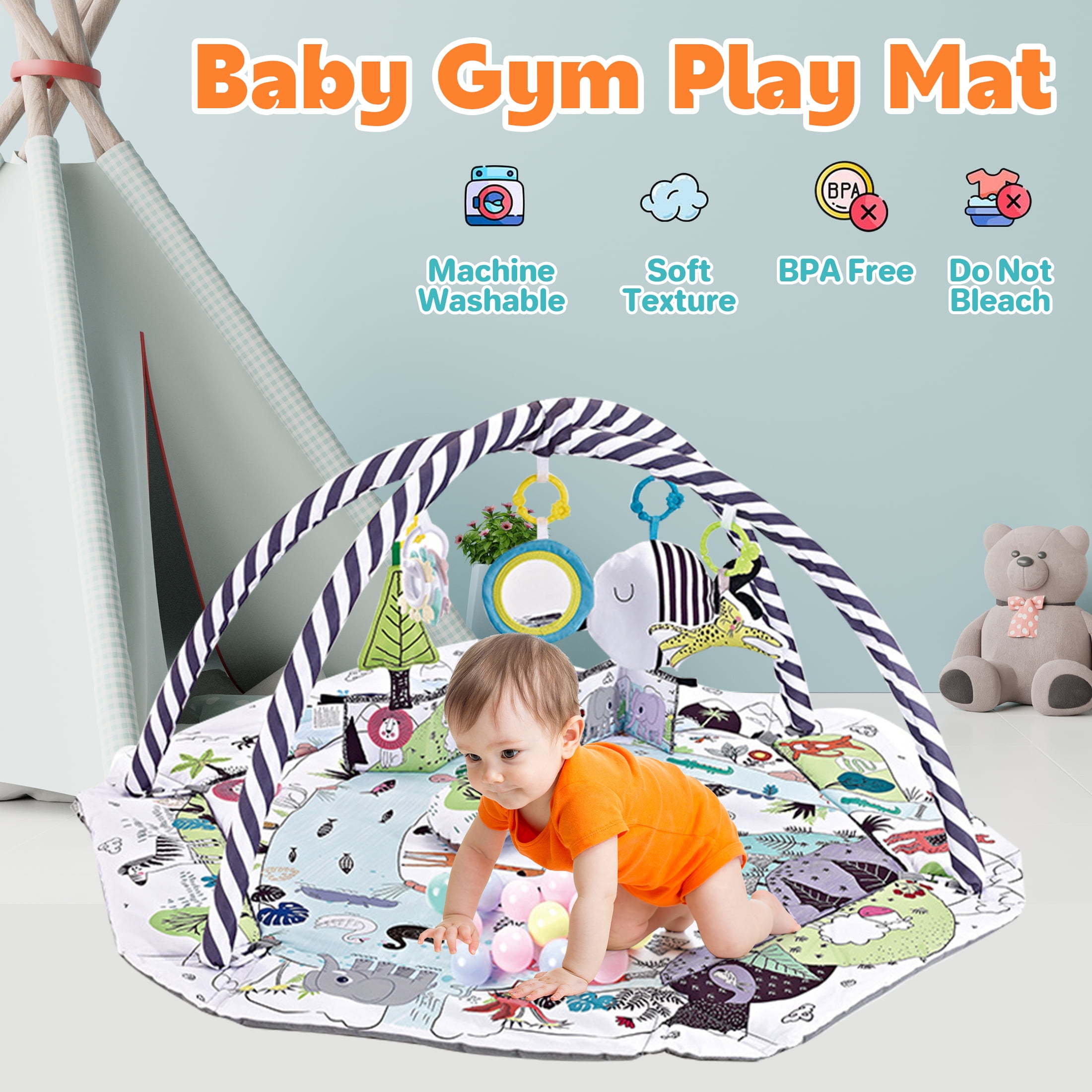 Baby Play Gym and Activity Mat - 4-in-1 Tummy Time Gym with Sensory Toys for Infants & Toddlers, White