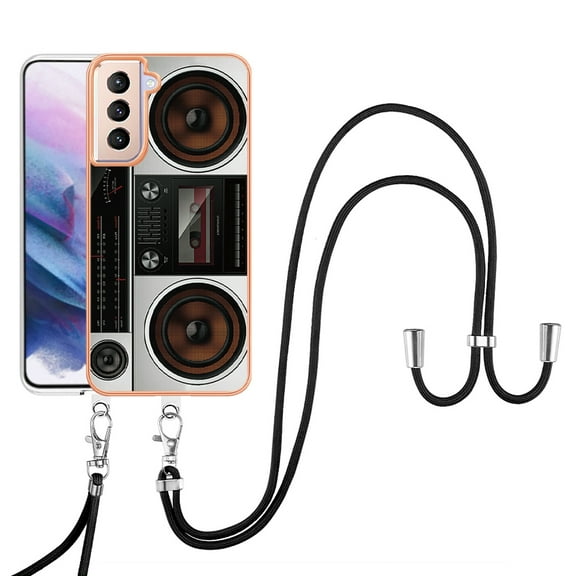 for Samsung Galaxy S21 Crossbody Strap Phone Case, Anti-Fall Pattern Clear Design Transparent Soft & Flexible TPU Drop and Shockproof Protective Cover with Adjustable Nylon Neck Strap, Retro Radio