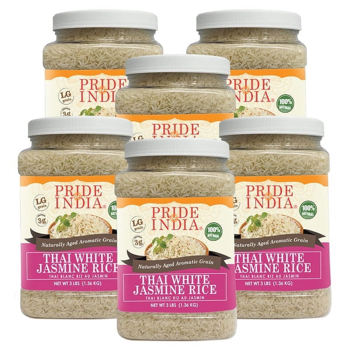 Pride of India - Pack of 6 - Thai Jasmine Rice, 3 lbs Jar, Fragrant Hom Mali Rice, Gluten-Free