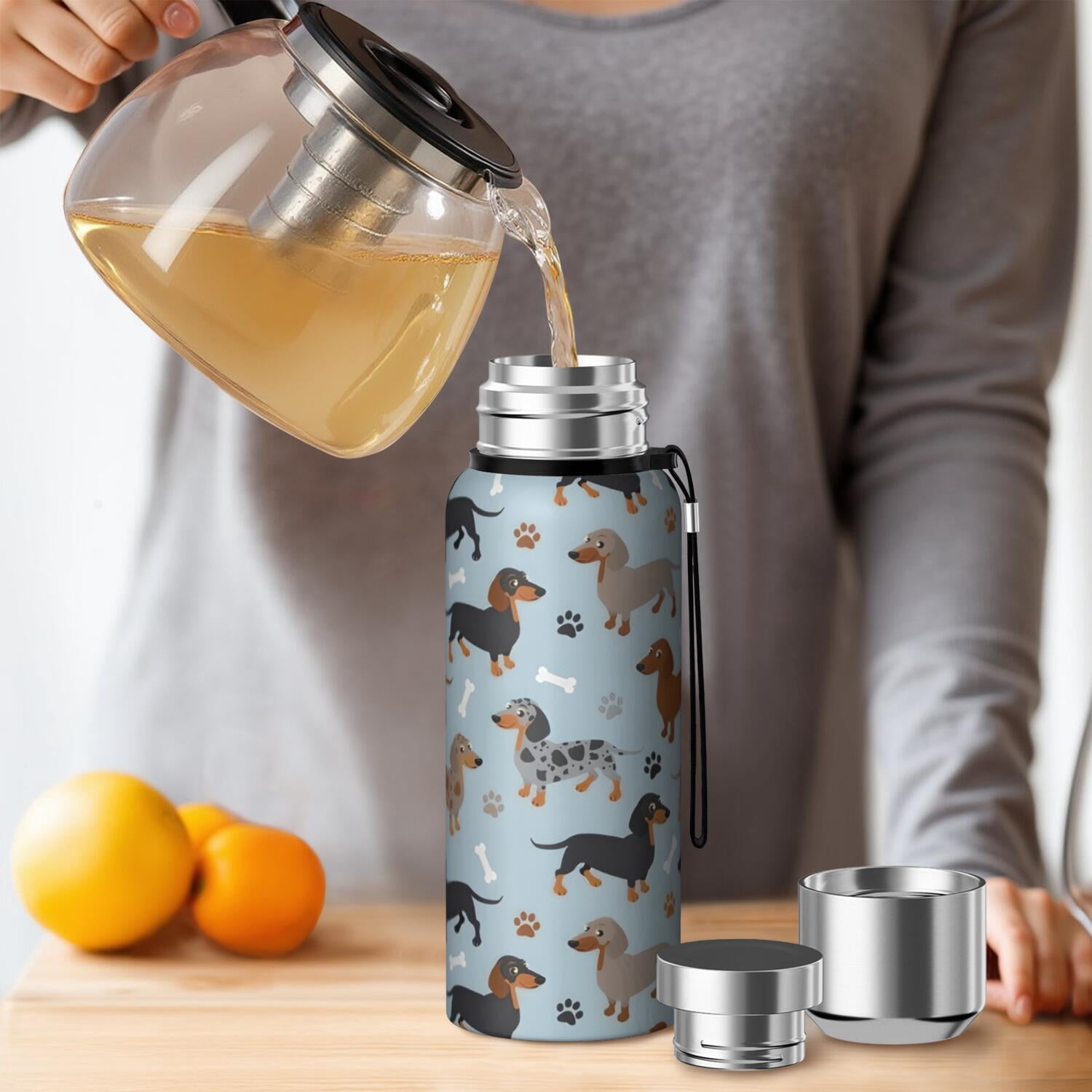 20 Oz Cute Dachshund and Dog Footprint Coffee Tumbler Double Wall Insulated Stainless Steel Water Bottle | Metal Reusable Thermoses Flask with Cup Cap | Leak & Sweat Proof with Anti-Dust Lid