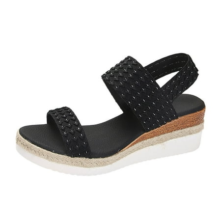 

PEASKJP Dressy Sandals Women Casual Espadrille Slide On Platform Sandals Comfort Open Toe Ankle Elastic Strappy Studded Flatform Sandal Shoes (Black 7)