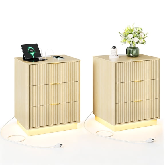 Fluted Nightstand Set of 2 with Charging Station & LED Lights, Modern Bedside End Table with 3 Drawers and Gold Metal Handle for Bedroom Living Room, Natural
