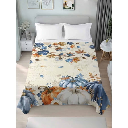 Twin XL Flat Sheet Only Autumn Leaf Farm Pumpkin Soft Microfiber Cooling Bedding Sheets Blue Beige Vintage Flat Bed Sheet for Hotel Home Decor