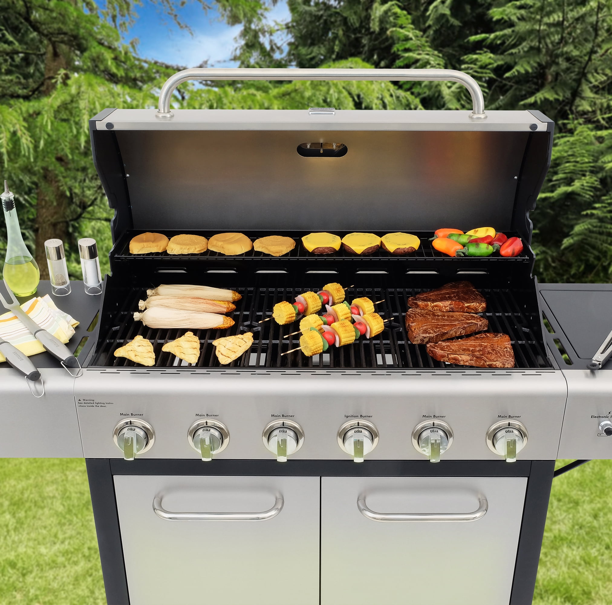 Kenmore 6-Burner Propane Gas Grill with Side Burner, PG-40611S0L, Stainless Steel with Black Trim