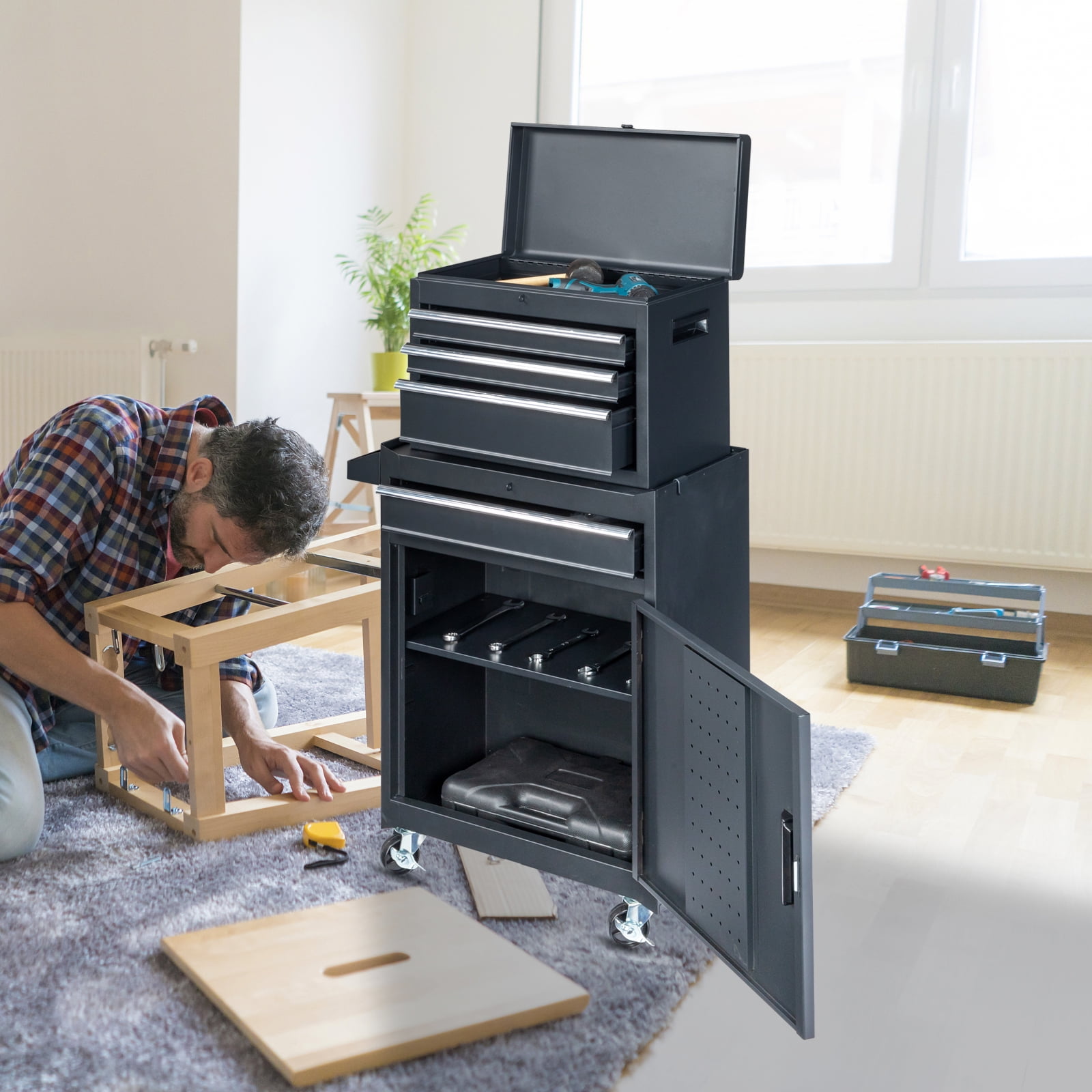 Ktaxon 4-Drawer 2-IN-1 Rolling Tool Chest Storage Cabinet, Mechanic Tool Organizer Box, 23.2" L x 11" W x 40.2" H, Black
