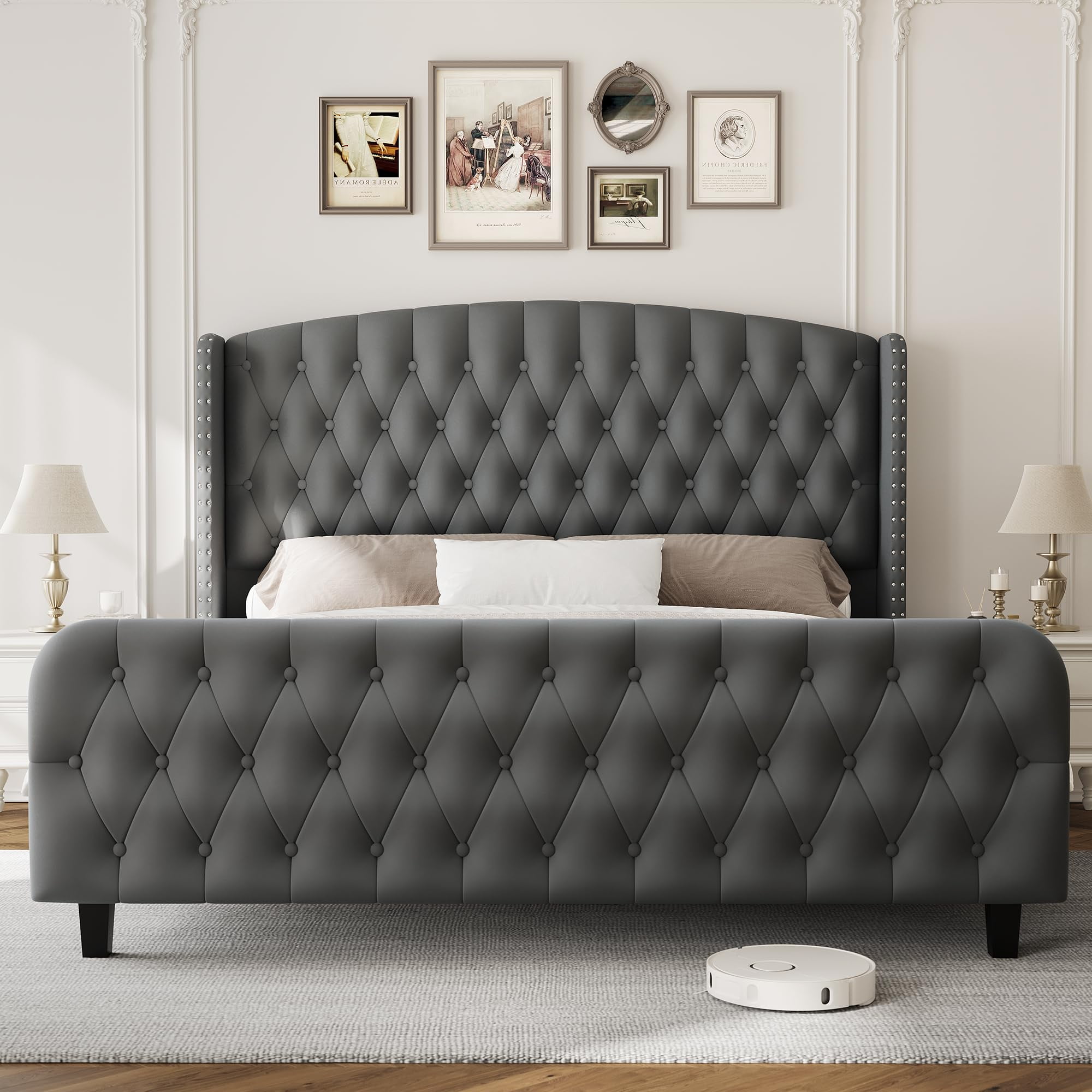 Huisuilinss Queen Bed Frame,King Size Bed Frame,Velvet Upholstered Platform Bed Frame With Deep Button Tufted Wingback Headboard And Footboard,No Box Spring Needed,Easy Assemble
