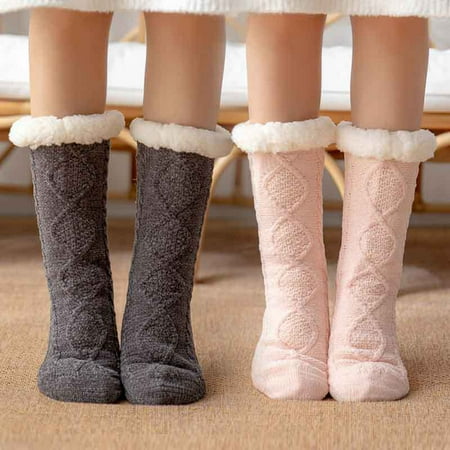 

Biplut 1 Pair Floor Socks Stretchy Thickened Mid-calf Non-slip Silicone Fuzzy Keep Warm Comfortable Winter Thermal Women Indoor Slipper Sleeping Socks for Home
