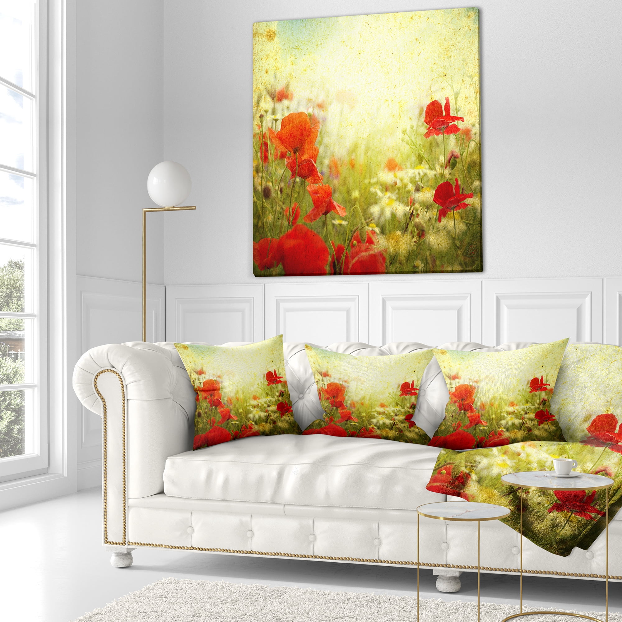 Designart Grunge Background with Red Poppies - Floral Throw Pillow - 18x18