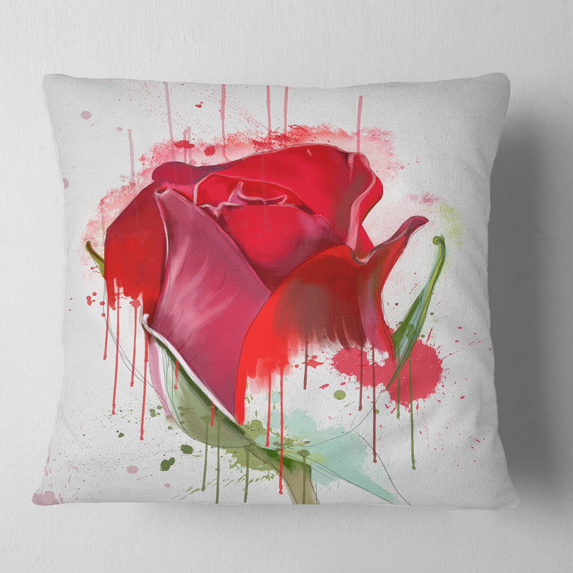 Designart Colorful Red Rose Sketch Watercolor - Floral Throw Pillow - 16x16