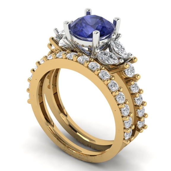 Clara Pucci 14K Yellow/White Gold Round Cut 1.5Ct Simulated Tanzanite Engagement Ring Matching Band - Luxury Box Included