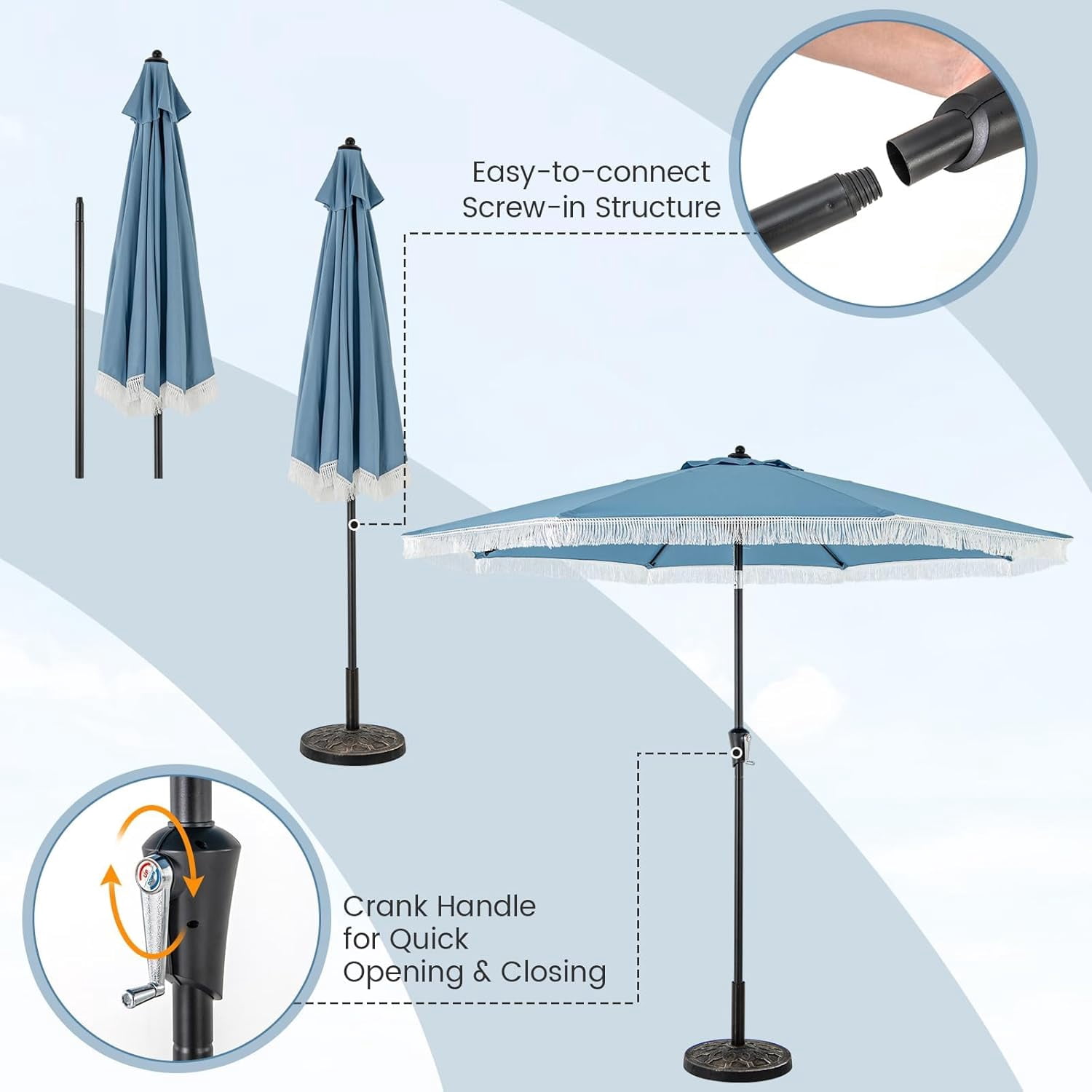CRXX 9 FT Patio Umbrella with Fringe, Outdoor Tassel Umbrella with Push Button Tilt, Crank, 8 Ribs, Vented Top, Fade-resistant Canopy, Heavy-Duty Market Table Umbrella for Yard Garden Pool-Blue