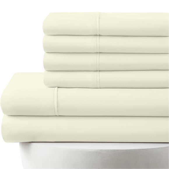 Ensemble de Draps 6 Pcs en Coton Égyptien 1000 Fils - Très Grand, Poches EXTRA Profondes de 24 Pouces, avec 1 Drap-Housse, 1 Drap Plat Surdimensionné et 4 Taies d'Oreiller - Ivoire
