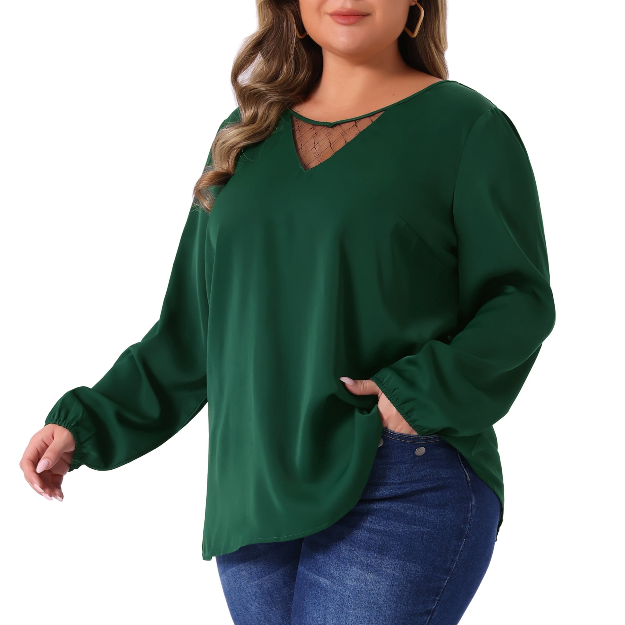 DARING DIVA Women's Plus Summer Blouses Lace V Neck Casual Shirts Tops 1X Dark Green