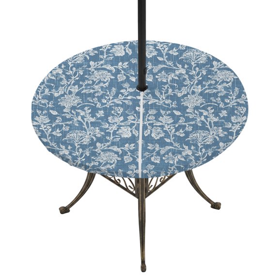 Round Outdoor Tablecloth with Umbrella Hole and Zipper, Botanical Rose Bud Tablecloth with Elastic Waterproof, Vintage Slate Blue Floral Leaves Farmhouse Patio Table Covers for 55" - 60" Pool Tables