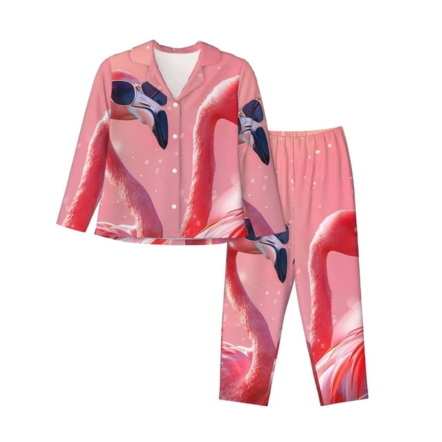 Fotbe Cool Flamingos Sunglasses Scene Conjunto de Pijama de Manga Larga para Mujer con Estampado, Ropa de Dormir de 2 Piezas, Conjunto de Casa Suave y Cómodo con Bolsillos-Medium