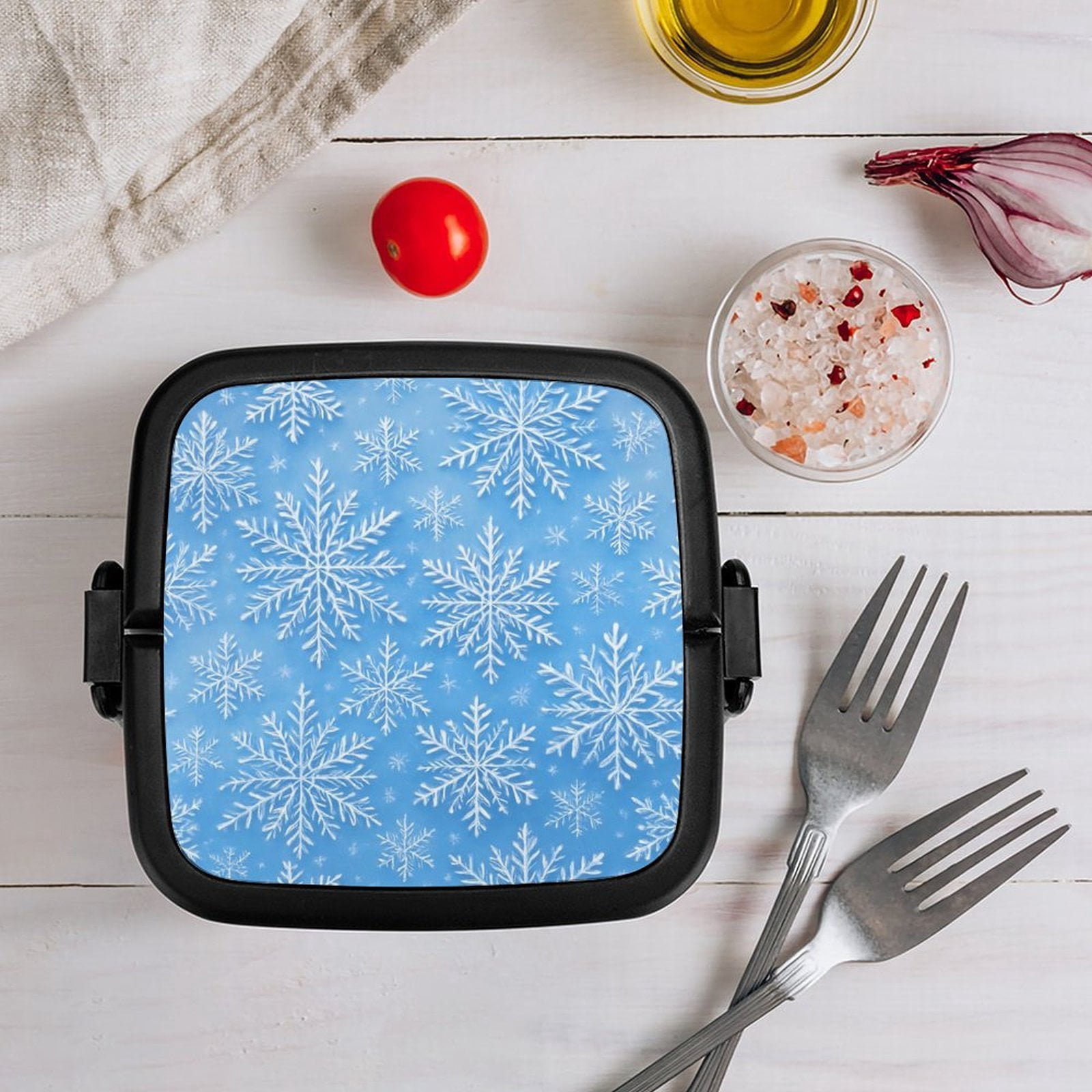 5.3×4.3in Double-Layer Bento Box Sealing Leakproof Partition Design Buckle Design Convenient Switch With Handle Winter Snowflake Pattern
