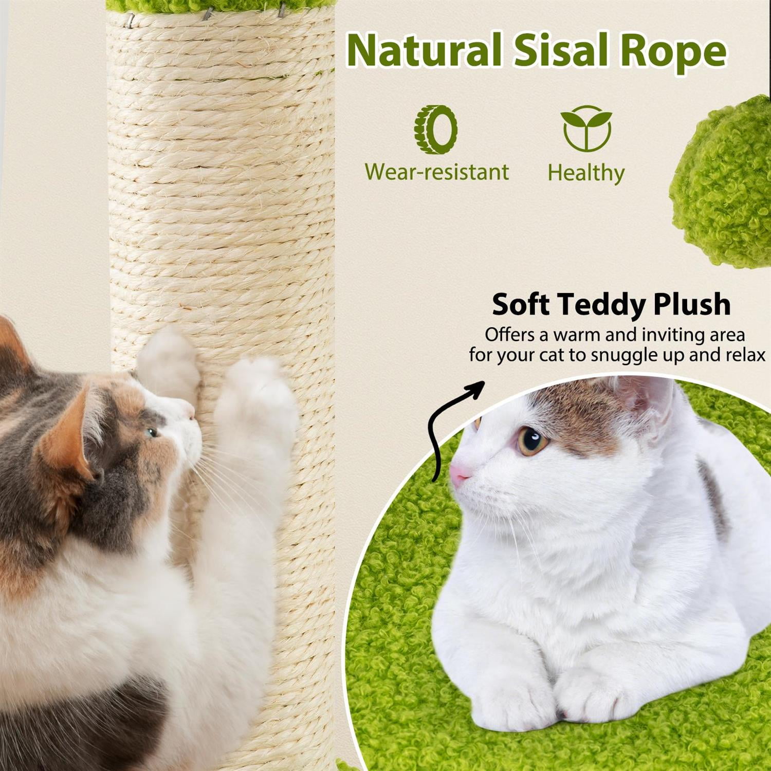 Pefilos Cute Multi-Level Cat Tree for Adult Cats, Top Perch & Condo, Self-Groomer & Sisal Posts, Green