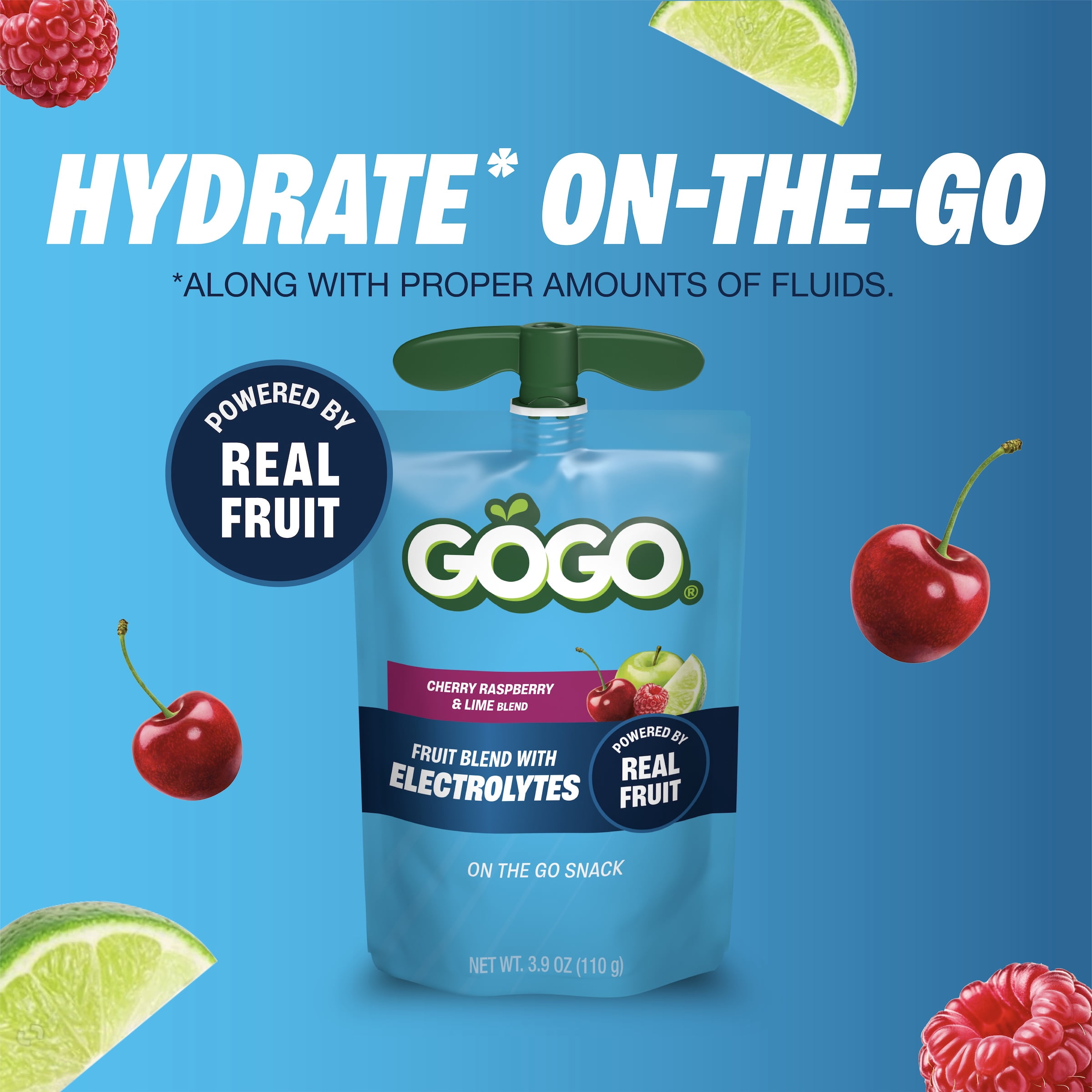 (9 pack) GoGo squeeZ Active Electrolyte No Sugar Added Cherry Lime Raspberry Fruit Blend Pouches, 3.9 oz (4 Pack)