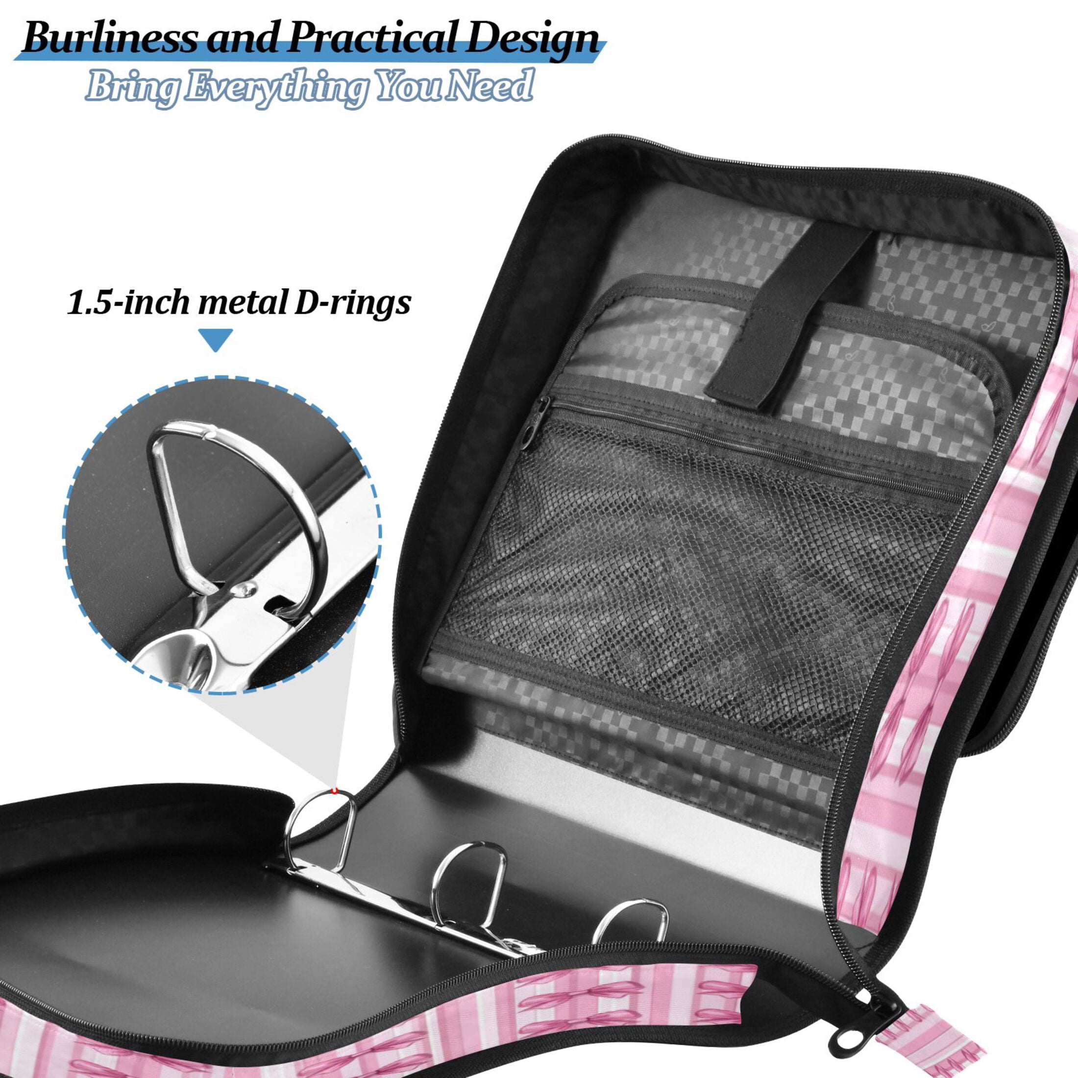 Water-Resistant 3-Ring Binder Organizer with Multiple Pockets Zipper Binder Bag for Office Pink Bows