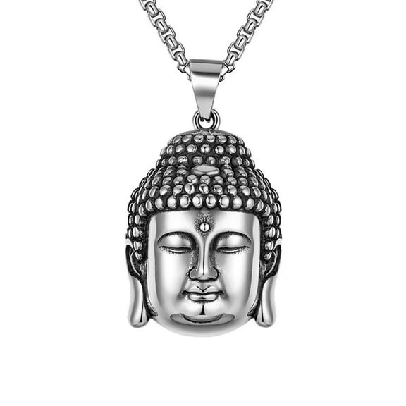 HIJONES Stainless Steel Vintage Buddha Head Pendant Necklace for Men Patron Saint Amulet Necklace Buddhist Jewelry Silver