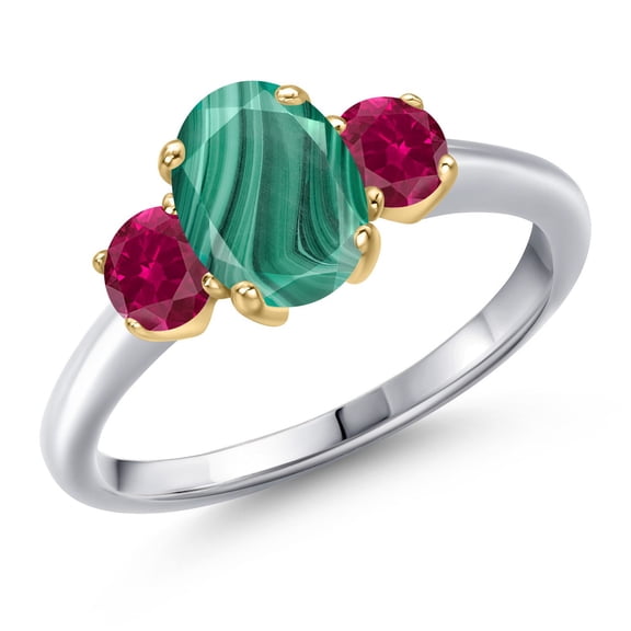 Gem Stone King 925 Silver and 10K Yellow Gold Green Malachite and Red Created Ruby Engagement Ring for Women | 2.50 Cttw | Oval 8X6MM | Gemstone Birthstone | Size 9