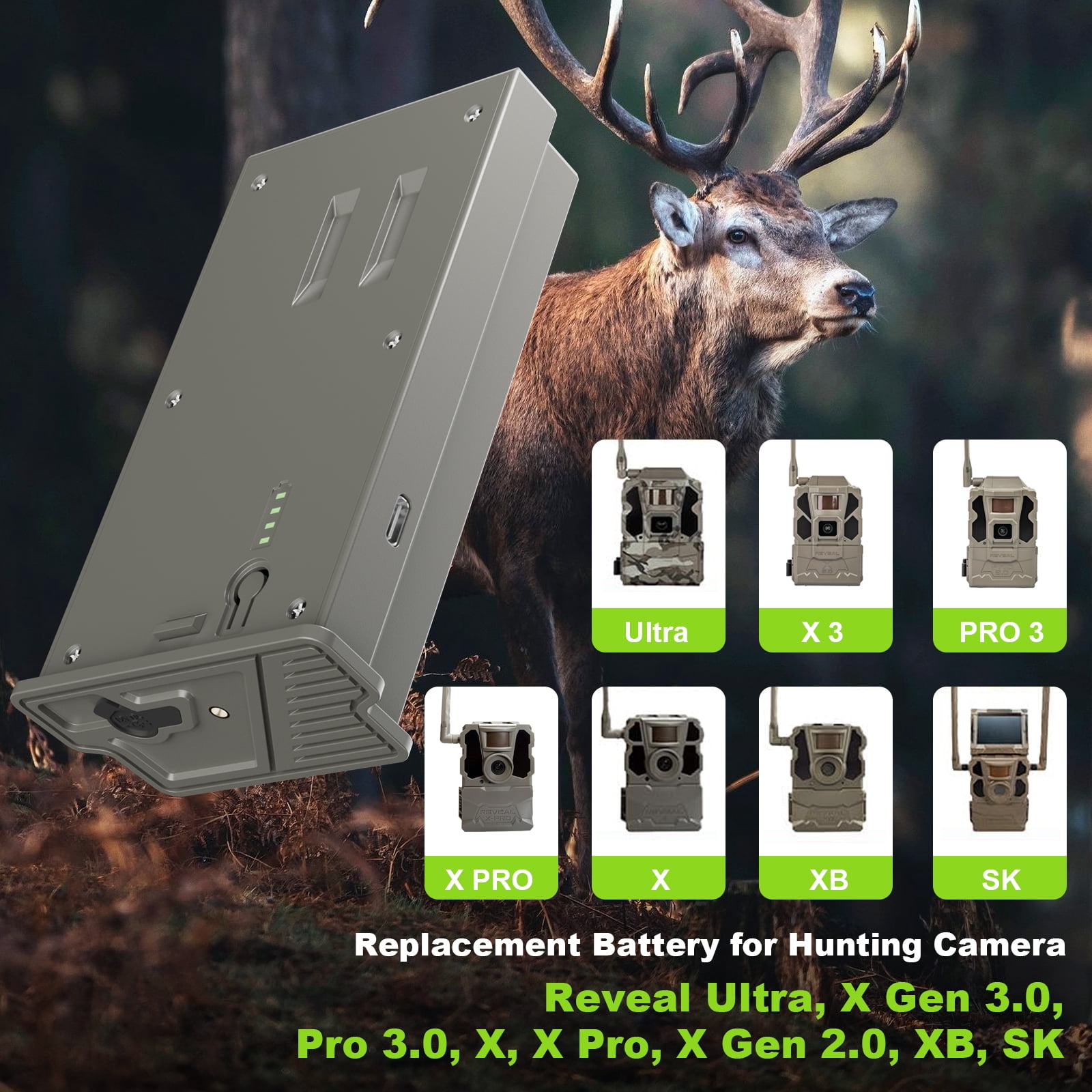 Rechargeable Reveal Lithium Battery Pack Compatible with Tactacam Trail Camera Reveal X Gen 3.0, 2.0, X Pro 3.0, Pro, X Ultra 3.0, SK, XB, X - Upgraded LED Meter & Solar Charging