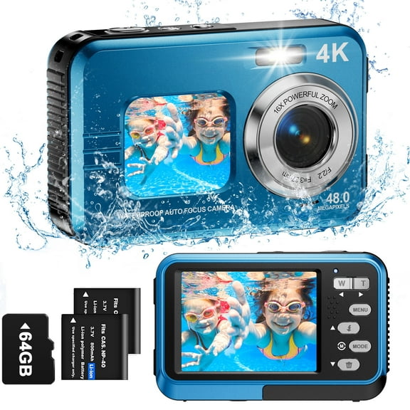 Waterproof Camera 4K Dual Screen Underwater Camera for Snorkeling with 64G SD Card,Action Camera with 16X Digital Zoom 48 MP Autofocus ,2 Battery(Blue)