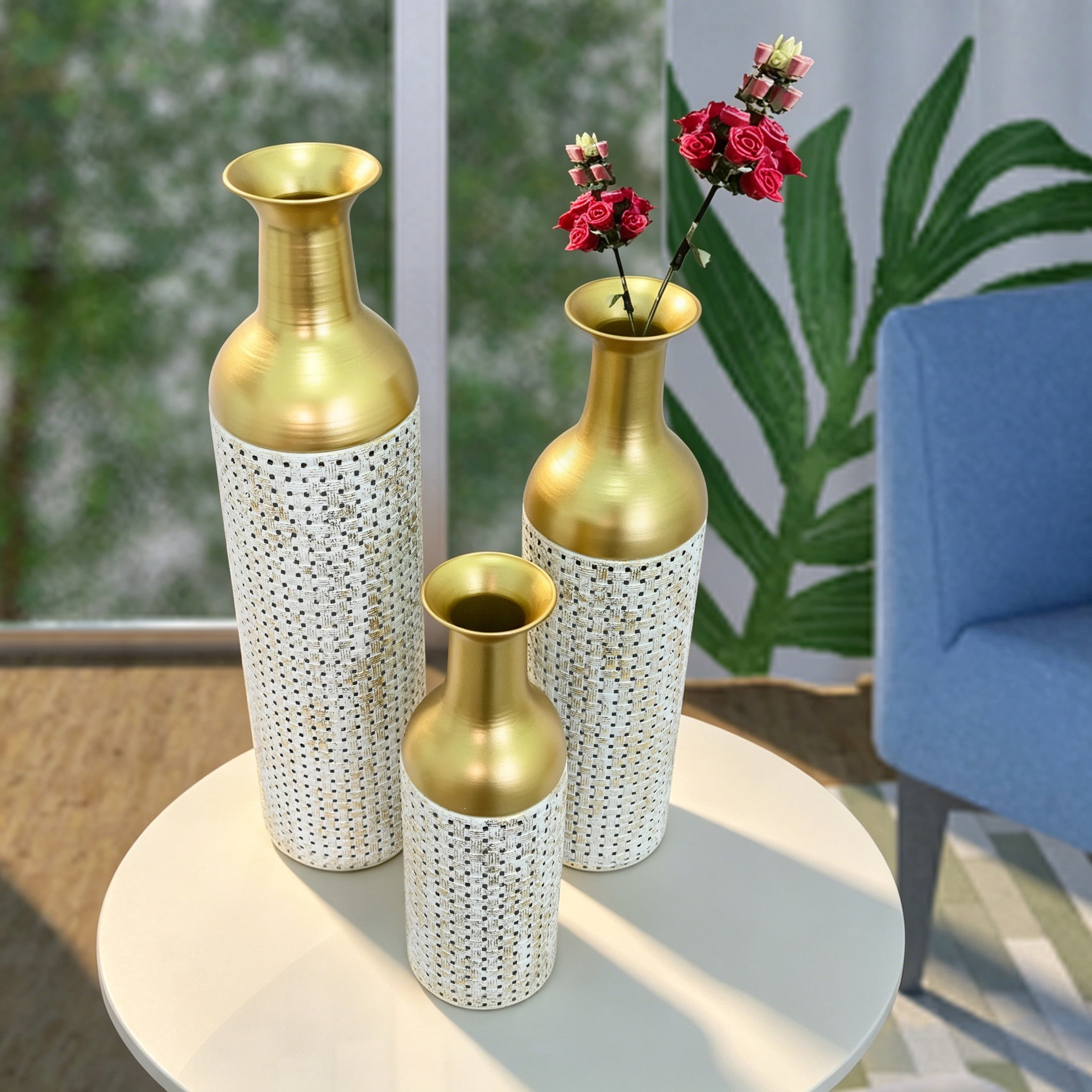 Noble House Set of 3 Decorative Metal Floor Vases, Tall Textured Vases for Home Decor, White+Gold