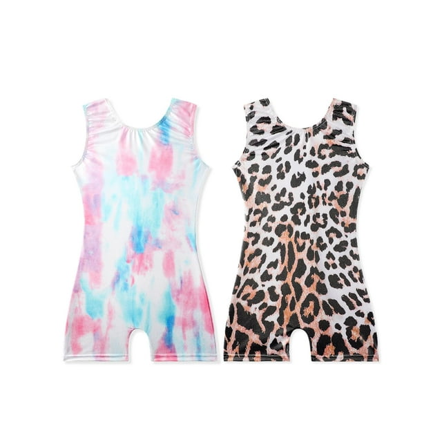 Maillot de gimnasia EQSJIU Tiedye Leopard Sparkle con pantalones cortos de 3-4 t