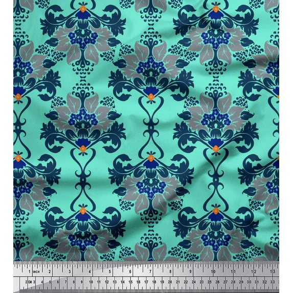 Soimoi Green polyester Crepe Fabric Floral Damask Print Fabric by Yard 52 Inch Wide