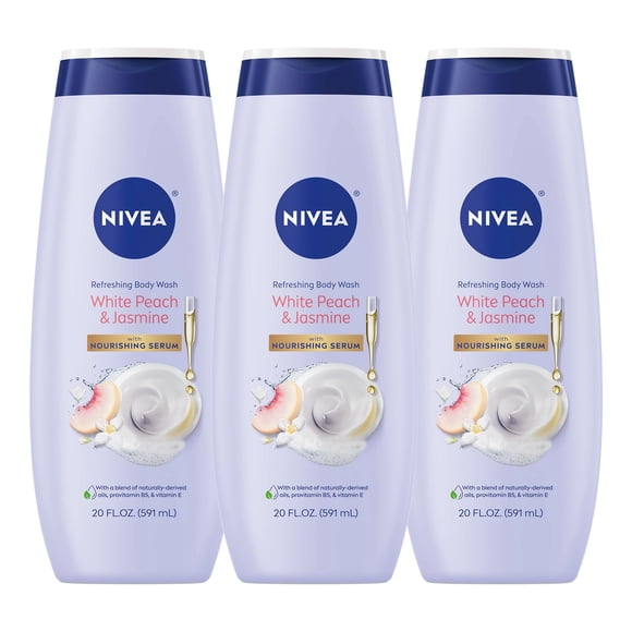 NIVEA White Peach and Jasmine Body Wash with Nourishing Serum, Pack of 3, 20 Fl Oz
