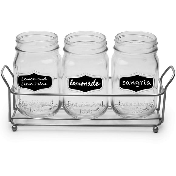Circleware Trio Grand Mason Jar Glasses with Metal Holder Stand, Set of 4 Home & Kitchen Farmhouse Decor Beverage Drink Tumblers for Water, Beer and Juice, 17 oz, Black