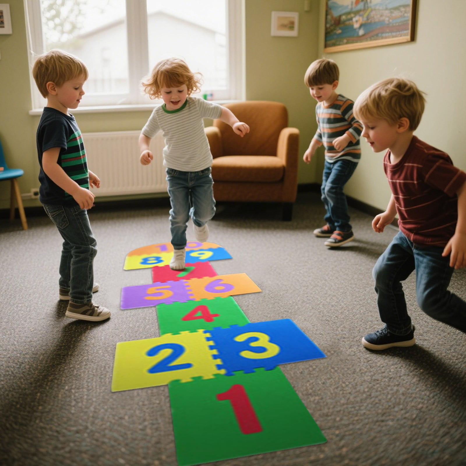Children’s Hopscotch Game Mat, 9-Piece EVA Foam Floor Puzzle for Indoor Outdoor Play, Non-Toxic Rainbow Tiles – 210 x 60 cm Assembled